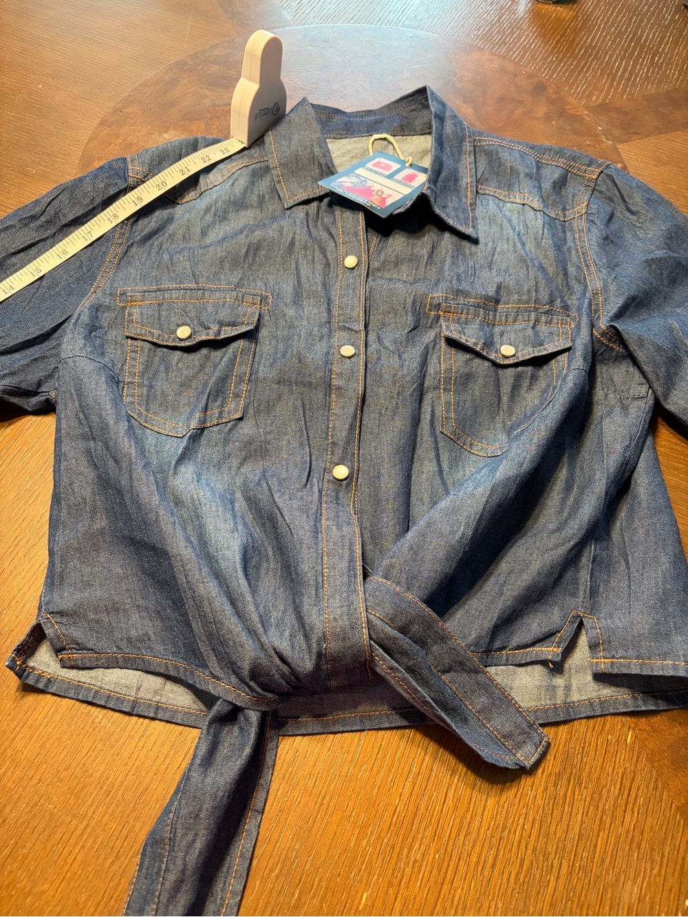Denim Tie-Front Short Sleeve Shirt - Blue